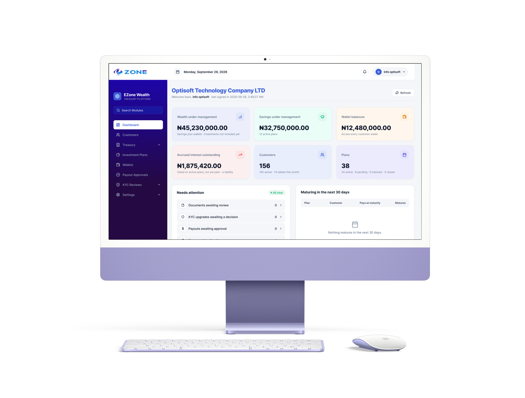 Ezone Wealth dashboard on a desktop computer